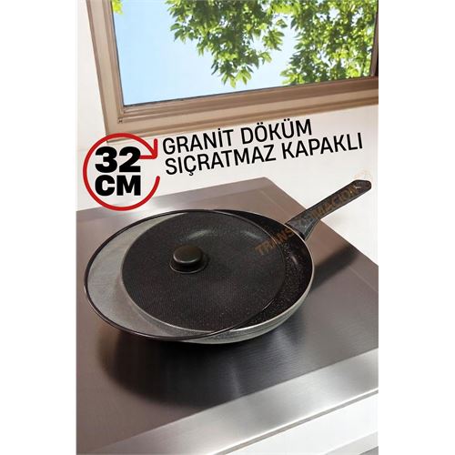 ModaCar Granit Döküm Tava Yağ Sıçratmaz Kapaklı -Yapışmaz Taban 32 Cm 