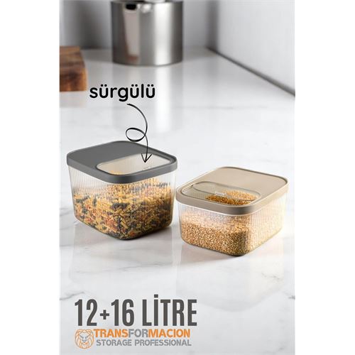 Modacar Erzak Bakliyat Kutusu Sürgülü Kapak Saklama Kabı 12 ve 16 Litre 2 li 