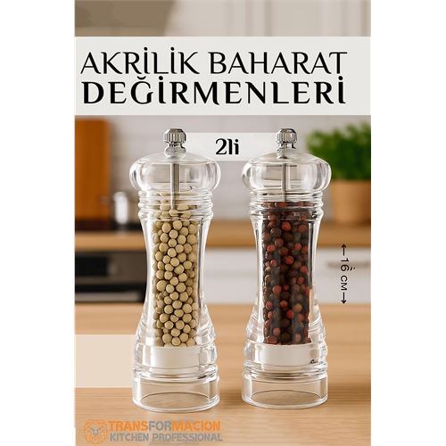 Modacar Baharat Öğütücü - Baharat Karabiber Tuz Değirmeni Ahşap Akrilik Kristal 2 li SET 
